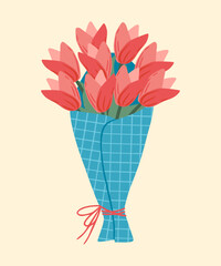Bouquet of flowers. Illustration of tulips. Design element for greeting card, invitation, print, sticker. Illustration for birthday, mother's day, valentine's and woman's day.