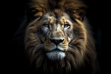 Wild lion head isolated on black background generative ai