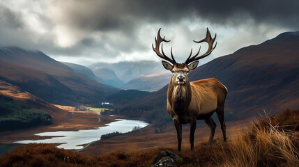 Red deer in a grassland on a cloudy day with beautiful view generative ai