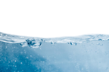 Blue water liquid  splash to create bubbles isolated on white  background.
