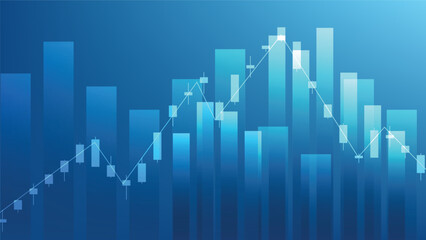 economy situation concept. Financial business statistics with bar graph and candlestick chart show stock market price and currency exchange on blue background