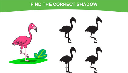 Cute flamingo bird. found the correct shadow. Kids Education games. Cartoon vector illustration