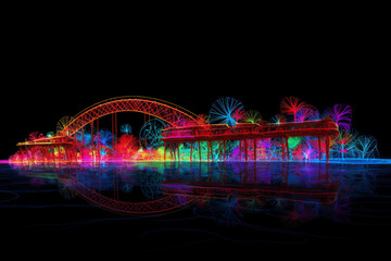 Colorful Palm Beach Sea Land Create With Mandala Neon Lights, Generative Ai