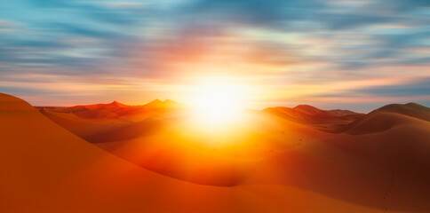 Obraz premium Sand dunes in the Sahara Desert at amazing sunrise, Merzouga, Morocco - Orange dunes in the desert of Morocco - Sahara desert, Morocco