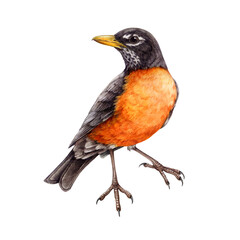 American robin watercolor illustration. Hand painted Turdus migratorius North America native avian. True thrush bird image. American robin realistic bird isolated on white background