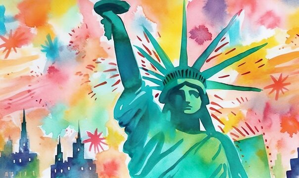 the statue of liberty of pastel colors painted in watercolor style