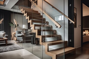 Interior of modern living room with wooden stairs and glass wall
