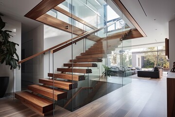 Interior of modern living room with wooden stairs and glass wall
