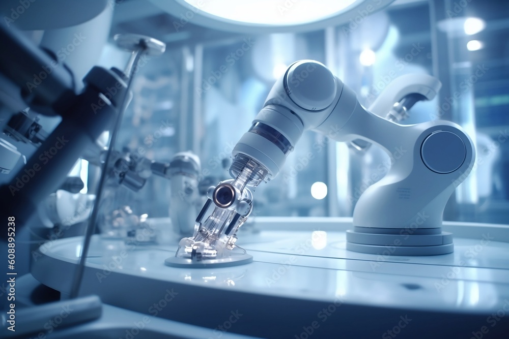 Poster futuristic robotic arm working in a high-tech laboratory. generative ai