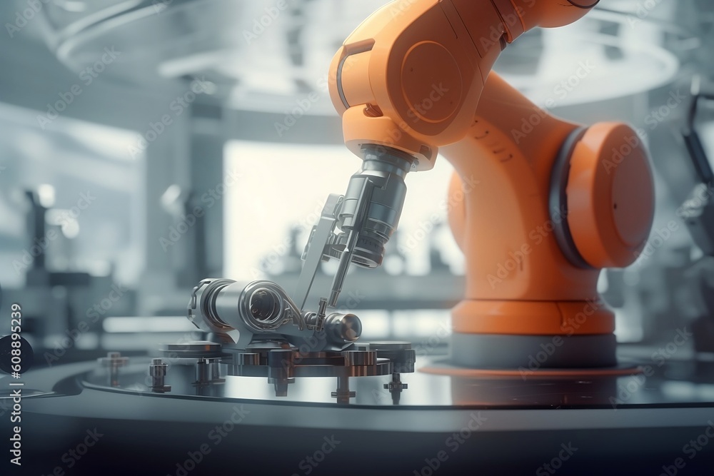 Poster futuristic orange robotic arm working in a high-tech laboratory. generative ai