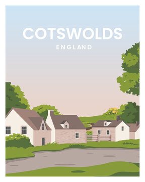 travel poster with cottage houses
in the Cotswolds. vector illustration landscape with colored style.