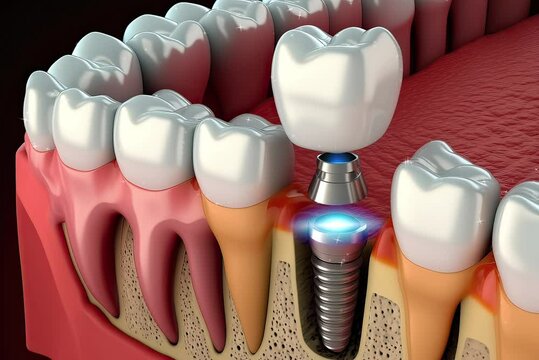 Dental implant is used to replace a missing tooth. This digital rendering made from titanium, which is screwed into the jaw. Prosthetic tooth just like a natural one. Generative AI.