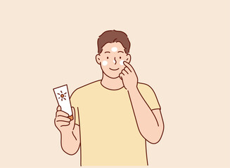 man with sunblock. Hand drawn style vector design illustrations.