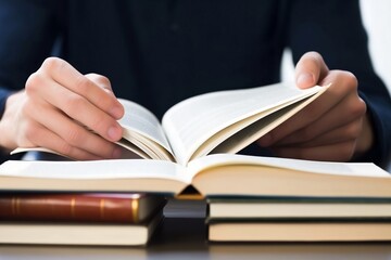 Uma pessoa sentada em uma mesa de escritório, com um livro aberto e uma caneta na mão. A pessoa está focada em seu estudo e o ambiente é limpo e organizado