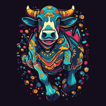 A bold and vibrant illustration of a dancing cow, filled with colors and patterns that represent different dance styles or cultures