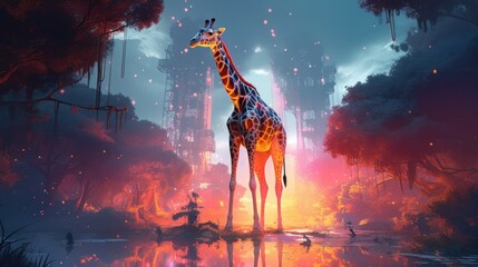 Giraffe in a city in ruins and fire tropical jungle forest abstract art made with Generative AI