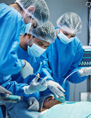 Group of doctors in surgery, medicine and surgical procedure start with PPE and team in theatre in...
