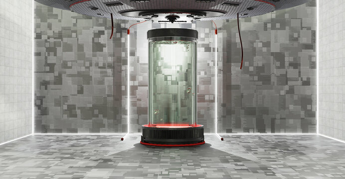Cryogenic capsule hibernation Cryonics Capsules Glass tube with frozen liquid for hibernation sci fi teleport Science Technology Cryopod Cryopod Laboratory Equipment Laboratory Scene 3D Illustration