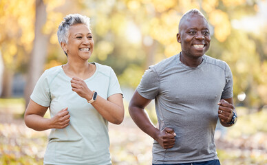 Health, smile and running with old couple in park for fitness, workout and exercise. Wellness,...