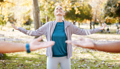 Stretching, yoga and teacher with old woman in park for fitness, health and workout. Mindfulness,...