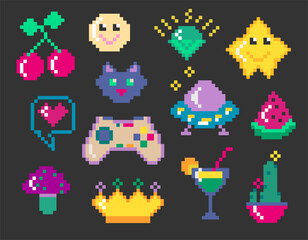 Collection of different pixel art game icons Y2K style Ufo, musroom, cherry, smile, gem, star, joystick, crown, cocktail, watermelon.