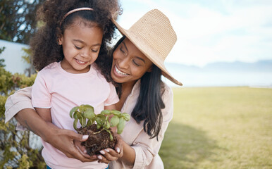 Gardening, mother and child with plant in hands learning environmental, organic and nature skills...