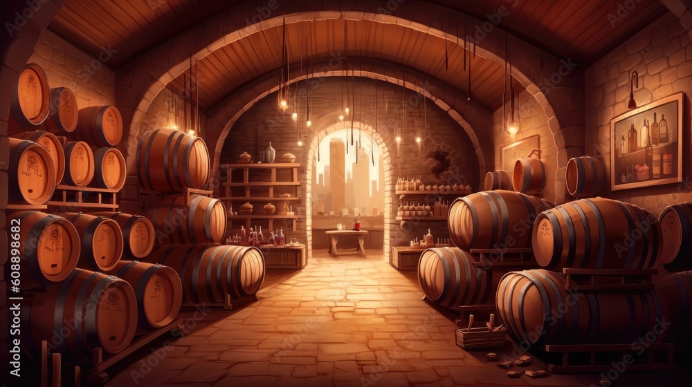 Wall mural A real modern stylish wine cellar with barrels, a cozy winery. Generative AI