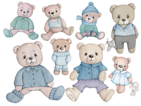 Cute plush teddy bear, cartoon bears, toy animal. Hand drawn illustration for children, isolated.