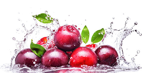 Fototapeta na wymiar Ai generative. Fresh plums in water splash on white