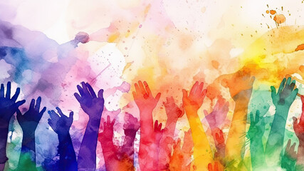 impressionist watercolor painting of pride month celebration with waving hands