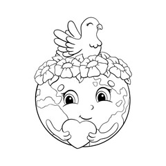 Cute planet earth holds a heart in her hands. On the head is a wreath of flowers and a dove, a symbol of peace. Coloring book page for kids. Cartoon style character. Vector illustration