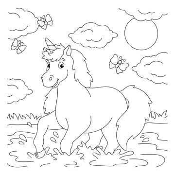 A cheerful unicorn jumps on the water. Coloring book page for kids. Cartoon style character. Vector illustration isolated on white background.