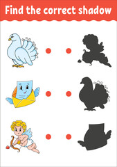 Find the correct shadow. Education developing worksheet. Matching game for kids. Color activity page. Puzzle for children. Cute character. Vector illustration. cartoon style.