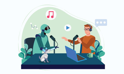 The future of AI online live podcast with robot artificial intelligence concept illustration for world radio Day