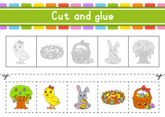 Obraz premium Cut and play. Paper game with glue. Flash cards. Education worksheet. Activity page. Scissors practice. Vector illustration.