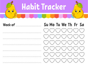 Habit tracker for kids. Sheet template for printing. With cute character. Vector illustration.