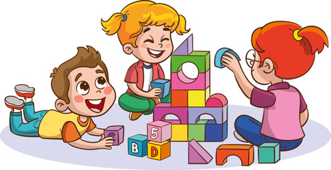 Illustration of Kids Playing with Colorful Blocks on a White Background