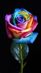 Fototapeta na wymiar A beautiful rose, rose stem, petal in every color of the rainbow. isolated black background. Generative AI