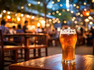 Bokeh background of street bar beer restaurant, outdoor. People sit chill out and hang out dinner and listen to music together in avenue. Happy life. - obrazy, fototapety, plakaty