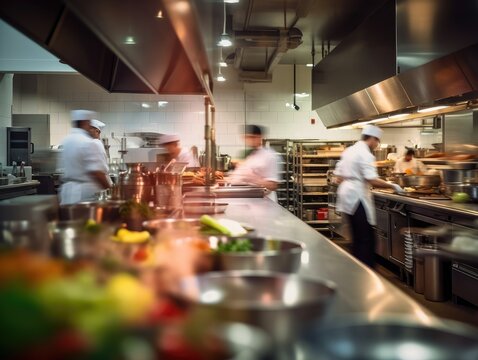 Professional kitchen with chefs cooking, restaurant kitchen with beautiful lights and delicious food.
