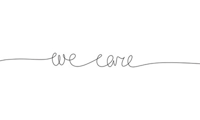 We care text. One line continuous text phrases about health, medicine, senior people. Line art handwriting text vector illustration.