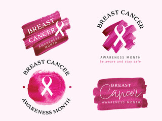 Breast cancer awareness ribbon logo with watercolor stain brush background pink color.