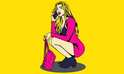 Beautiful blonde Girl holding a phone and a bag