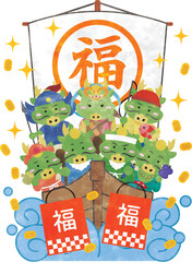 宝船に乗っている龍の七福神たちの水彩風イラスト