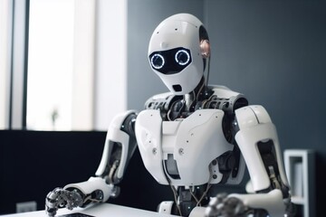 digital office artificial ai technology hand laptop paper robot document. Generative AI.