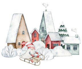 Naklejka premium Snowy street with Cute Scandinavian gnome in a striped hat sledding, houses with snow on the roof and spruce tree, bushes in the snow, snowdrifts isolated on background. Hand painted watercolor