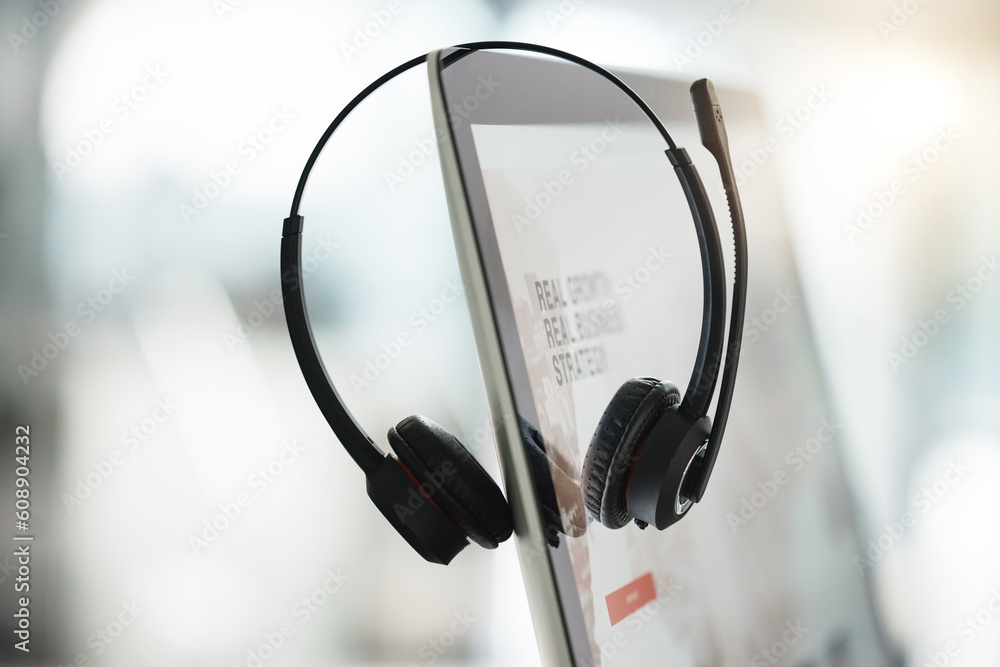 Poster technology, call center agent headset and computer for online communication with a lens flare. custo