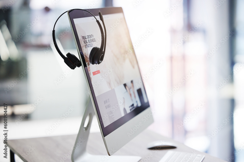 Poster headset, call center and computer screen in office for consulting, crm and technology communication 