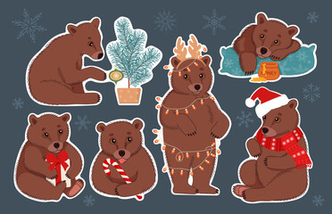 Big set of Christmas stickers. Cute brown bears with Christmas symbols. Flat vector illustration.