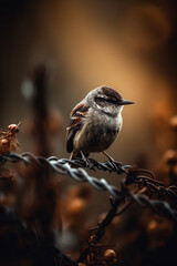 A bird sits on a barbed wire with a brown background. Generative AI